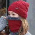 Winter warme Strick Mütze und Halswärmer Set für Damen, gefüttert dicke kältestehende Kappe. - 55-60cm / Burgunderrot