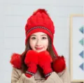 Warm red winter knitted hat with earflaps and matching fuzzy mittens set for women - Set / One Size Stretchy / Red