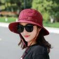 Women outdoor sun hat wide brim bucket hat summer anti-uv folding mountaineering hiking cap - Wide Brim Drawstring Bucket Hat / One Size / Burgundy