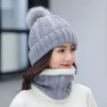 Grey knit beanie hat and fleece lined scarf set for women warm winter outdoor wear cozy stylish - Gray
