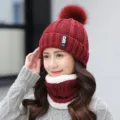 Thick fleece-lined winter knitted beanie and snood set in dark red with cute pom-pom. - Burgundy