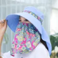 Close-up detail of women's summer anti-UV sun hat with face cover and neck flap for outdoor. - M (56-58cm) / Blue