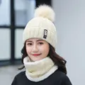 Fleece lined winter knitted hat and scarf set for women, warm fashion beanie with pom pom. - Beige