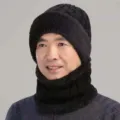 Thickened warm knitted winter hat and scarf set for middle-aged and elderly men, black. - One Size / Black