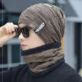 Winter heren thermische gebreide muts en sjaal set, dik gevoerd fleece winddichte buitenmuts. - Eén maat / Khaki