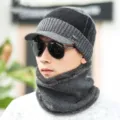 Men's winter warm knitted hat and neck warmer set, fleece lined thick cold-weather beanie. - Hat + Neck Warmer / Contrast Gray
