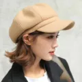 Classic women wool newsboy cap khaki octagonal beret hat stylish autumn winter headwear. - M (56-58cm) / Khaki