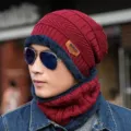 Winter men's knitted beanie and scarf set, fleece lined warm thick cap for outdoor cycling. - Hat + Neck Warmer / Burgundy