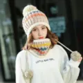 Fleece-lined winter knitted hat and scarf set with triple pompoms in beige color. - Hat + Neck Warmer Set / Beige