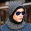 Men winter knitted beanie hat and fleece neck warmer set thick thermal grey cap outdoor - Hat + Neck Warmer / Gray