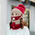 Women winter knit hat with breathing valve face mask neck warmer 3 piece set warm windproof - One Size / Burgundy