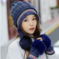 Damen Winter Warm Strickmütze Plüschball Ohrenklappen Dicke Gefütterte Mütze Handschuhe - Marineblau
