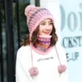 Pink and purple variegated knit winter hat and scarf set with fleece lining and pom-poms - Hat + Neck Warmer Set / Pink