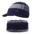 Men winter fleece lined knitted beanie hat and neck warmer set thick warm wool cap for cold. - One Size / Navy Blue Hat and Scarf Set