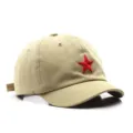 Casquette de baseball kaki avec broderie étoile rouge, chapeau casual en coton à bord court. - Réglable / Abricot