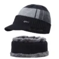 Men winter knitted hat and scarf set fleece lined warm beanie cap with visor grey black - One Size / Black Hat and Scarf Set