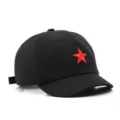 Casquette de baseball noire en coton à visière courte, broderie étoile rouge, unisexe - Réglable / Noir