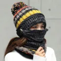 Bonnet d'hiver en tricot confortable avec masque facial amovible et écharpe assortie. - M (56-58cm) / Noir