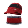Men winter fleece lined knitted hat and scarf set with visor and warm neck warmer - One Size / Red Hat and Scarf Set
