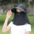 Black sun protection hat featuring detachable face shield for outdoor summer riding use. - One Size / Black
