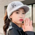 Mujer invierno pelo de conejo gorro tejido parte superior abierta gris moda caliente - Gris