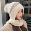 Beige knitted hooded scarf set for women, thick plush ball winter warm earflap beanie. - M (56-58cm) / Beige