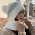 Women's knitted hooded scarf winter warm beanie hat with fluffy pom pom stylish earflaps - M (56-58cm) / White