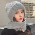 Women winter warm gray knitted hat and scarf integrated cute thick ear protection beanie. - M (56-58cm) / Gray