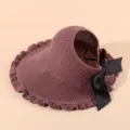 Women's knitted empty-top sun hat with wide brim, ruffled edge and black bow for summer outdoor. - Adjustable / Purple