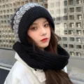Women winter knit beanie hat and scarf set warm thick fleece lined stylish outdoor wear - M (56-58cm) / Black