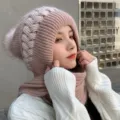 Cute pink knitted beanie with scarf all-in-one winter warm thick fleece pom-pom hat for women. - M (56-58cm) / Pink