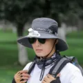 Grey outdoor sun protection bucket hat with built-in mini electric fan for men fishing summer - One Size / Gray