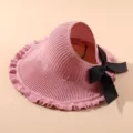 Pink knitted empty top sun hat with black bow, wide brim summer beach outdoor sun protection. - Adjustable / Pink