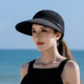 Women sun visor hat empty top summer anti UV wide brim outdoor beach sunhat black - One Size / Black