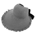 Grey knitted empty-top sun hat for women, summer large brim sun visor with black bow. - Adjustable / Gray