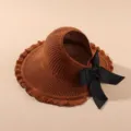 Women summer knitted empty top sun hat large brim beach visor with black bow elegant hat - Adjustable / Caramel color