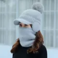 Mujer invierno calido gorro de punto gris con orejeras visera y cubierta facial combinada - Gris