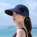 Detail shot of navy blue wide brim empty top sun hat, outdoor beach style uv protection. - One Size / Navy Blue