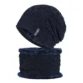 Men winter thick fleece lined knit beanie hat and neck warmer set for cold weather outdoor. - One Size / Navy Blue