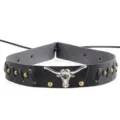Vintage zwarte lederen riem accessoire met stierkopornament en antieke bronzen klinknagels - Verstelbaar / Zilveren Legering Stierenkop Zwarte Band (11)