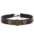 Detailed view of retro ethnic style belt with bull head buckle and floral studs - Adjustable / Bronze Bull Head Dark Brown Leather (4)