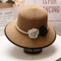 French vintage straw hat with pearls and camellia flowers for elegant women sun protection - M (56-58cm) Adjustable / Khaki