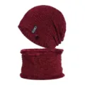 Men's Knitted Beanie and Scarf Set Fleece Lined Warm Winter Ski Hat Wine Red Outdoor - One Size / Burgundy