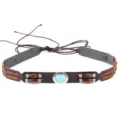 Gedetailleerd overzicht van vintage boho riem met turkoois en kralen - Verstelbaar / Blauwe Turkoois Bruine Leren Houten Kraal Band (8)