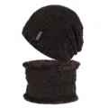 Men's fleece lined knit beanie and neck warmer set winter outdoor warm ski hat scarf combo - One Size / Coffee