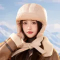 Beige padded trapper hat with earflaps and ties, cozy winter outdoor warm detailed view. - M (56-58cm) / Khaki