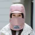 Pink winter warm trapper hat with ear flaps and face mask, windproof snow skiing cap for women - Adjustable / Pink