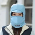 Winter warm windproof trapper hat with earflaps and face mask for outdoor cycling and skiing. - Adjustable / Sky Blue