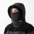 Winter thermal fleece-lined balaclava detail, windproof hood with integrated face mask. - Adjustable / Black