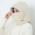 Winter thermal hooded hat fleece-lined earflap balaclava windproof face mask for outdoor cycling warm. - Adjustable / Off White